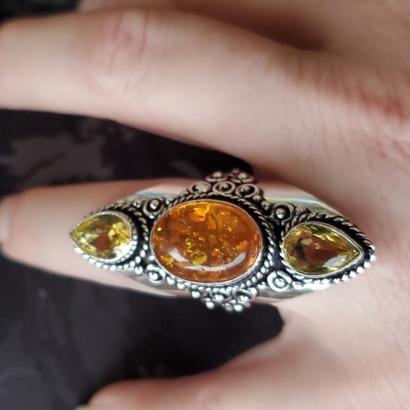 New Baltic Amber & Citrine 925 Silver Statement Ring. - Picture 6 of 16